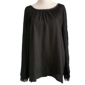 LOFT Women’s Black Long Lace Sleeve Ruffle Neck Blouse Shirt Top Size: XL
